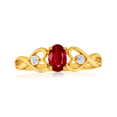9ct Yellow Gold Oval Created Ruby + 2 Diamond Ring