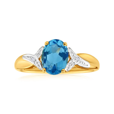 9ct Yellow Gold Oval Blue Topaz + Diamond Ring