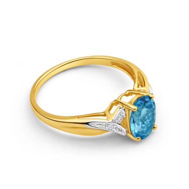 9ct Yellow Gold Oval Blue Topaz + Diamond Ring