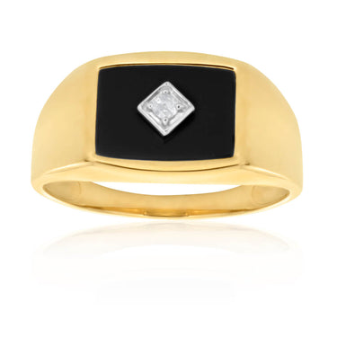 9ct Yellow Gold Onyx and Diamond Gents Ring