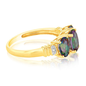 9ct Yellow Gold Oval Enhanced Mystic Topaz and Diamond Trilogy Ring