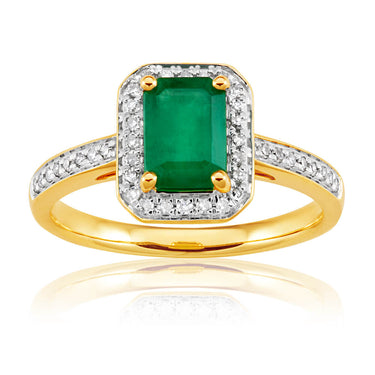 9ct Yellow Gold 1.00 Carat Natural Emerald and 0.15ct Diamond Ring