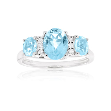 9ct White Gold Sky Blue Topaz & Diamond Trilogy Ring