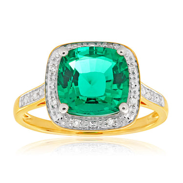 9ct Yellow Gold Cushion Cut Created Emerald 9mm and Diamond Ring