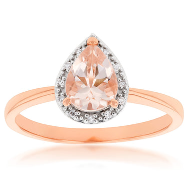 9ct Rose Gold 1.00ct Morganite 8x6mm Pear & Diamond Ring