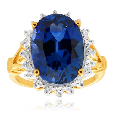 9ct Yellow Gold Created Sapphire & Diamond Ring