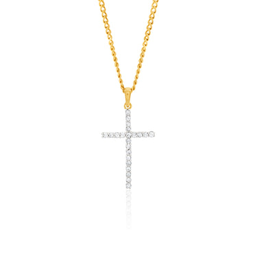 1/10 Carat Diamond Cross Pendant Set with 22 Brilliant Diamonds in 9ct Yellow Gold