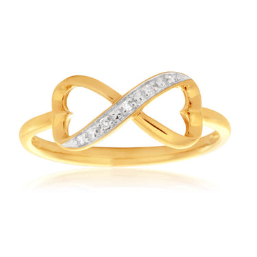 9ct Yellow Gold Infinity Double Heart Diamond Ring Set With 5 Brilliant Cut Diamonds