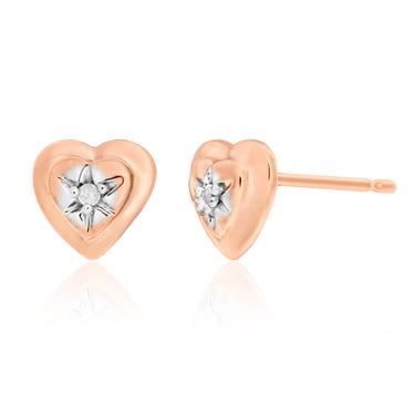 9ct Rose Gold Heart Earrings Set With 2 White Diamonds