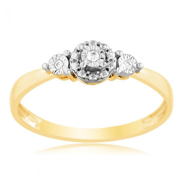 9ct Yellow Gold Diamond Trilogy Ring with 3 Brilliant Diamonds in Disc Setting
