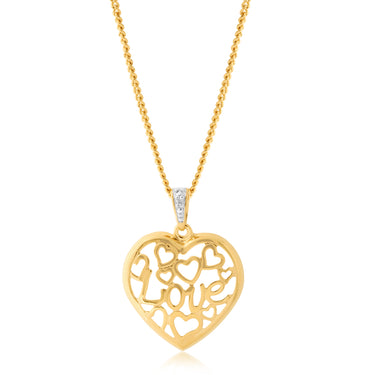 9ct Yellow Gold Diamond Love & Hearts Pendant with 1 Brilliant Cut Diamond
