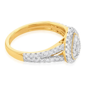 9ct Yellow Gold 1 Carat Diamond Pear Shape Cluster Split Shank Ring