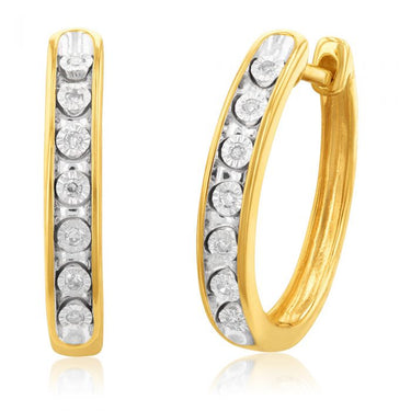 9ct Yellow Gold Diamond Hoop Earrings with 14 Brilliant Cut Diamonds