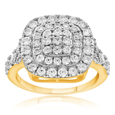 9ct Yellow Gold 2 Carat Diamond Cushion Shape Halo Cluster Ring