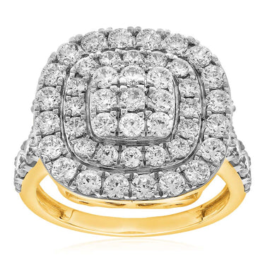 9ct Yellow Gold 3 Carat Diamond Cushion Shape Cluster Ring