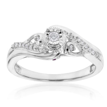 Sterling Silver Diamond Ring with 11 Diamonds and  Pink Sapphire Accents