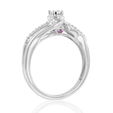 Sterling Silver Diamond Ring with 11 Diamonds and  Pink Sapphire Accents