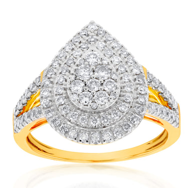 9ct Yellow Gold 1 Carat Diamond Pear Shape Cluster Ring