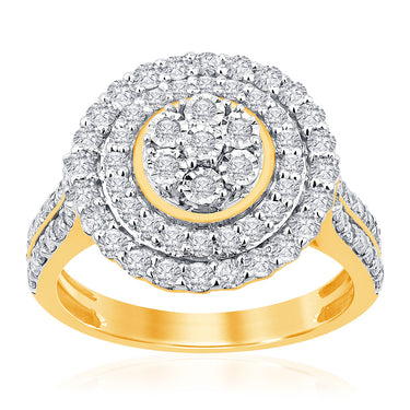 9ct Yellow Gold 1 Carat Diamond Round Shape Cluster Ring