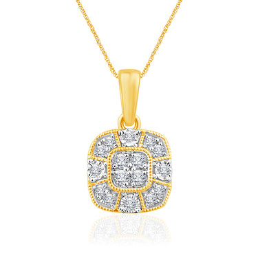 9ct Yellow Gold Cushion Shape Cluster Diamond Pendant on 45cm Chain