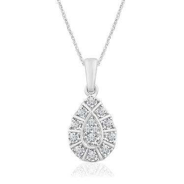 9ct White Gold Pear Shape Cluster Diamond Pendant On 45cm Chain