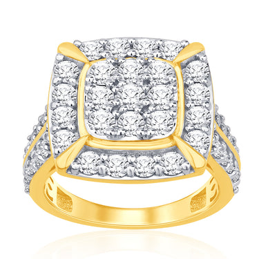 9ct Yellow Gold Cushion Shape 2 Carat Cluster Diamond Ring
