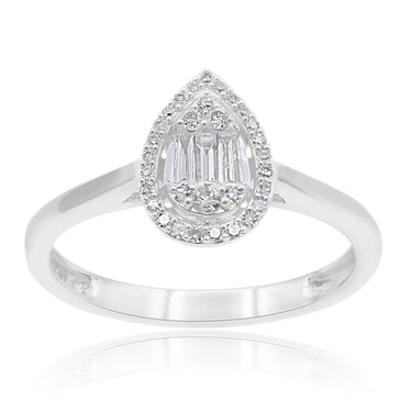 9ct White Gold Diamond Ring With 31 Brilliant and 3 Baguette Cut Diamonds