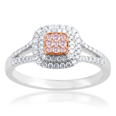 9ct White and Rose Gold 1/2 Carat Diamond Halo Ring With Pink Argyle Diamonds