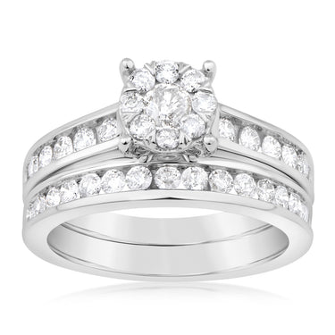 9ct White Gold 1 Carat Diamond Bridal Set Ring with Halo Setting