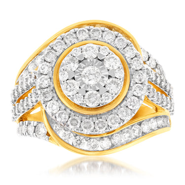 9ct Yellow Gold 2 Carat Diamond Ring with 99 Brilliant Cut Diamonds