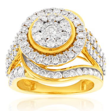 9ct Yellow Gold 2 Carat Diamond Ring with 99 Brilliant Cut Diamonds
