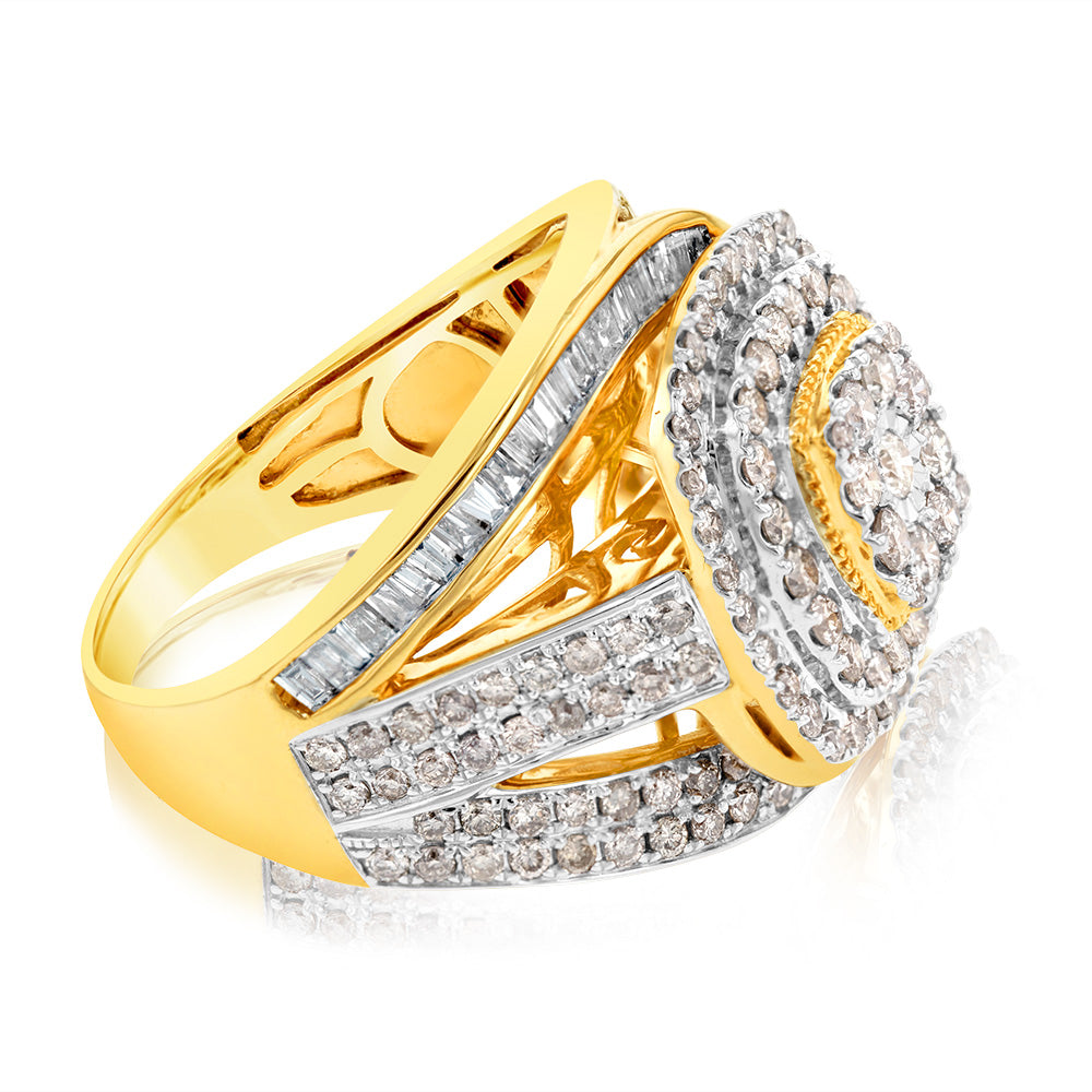 9ct Yellow Gold 2 Carat Diamond Dress Ring with Brilliant and Baguette 9ct Yellow Gold 2 Carat Diamond Dress Ring with Brilliant and Baguette