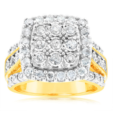 9ct Yellow Gold 2 Carat Diamond Cluster Square Dress Ring