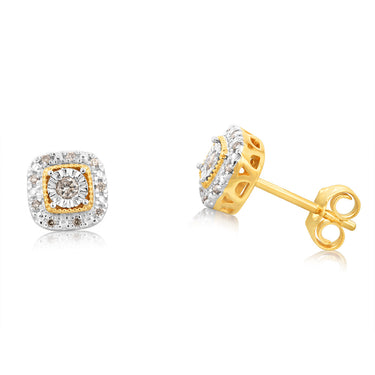9ct Yellow Gold Diamond Stud Cushion Earrings