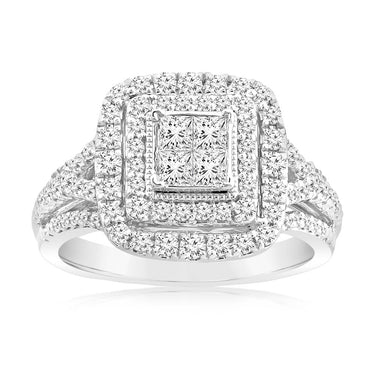 0.95 Carat Diamond Cushion Cluster Ring in 14ct White Gold