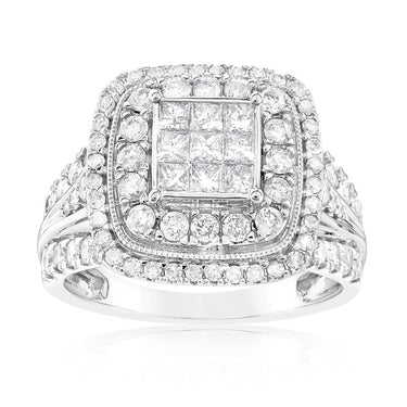 1.40 Carat Diamond Cushion Cluster Ring in 14ct White Gold