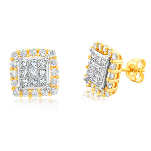 2 Carat Diamond Cluster Stud Earrings in 10ct Yellow & White Gold