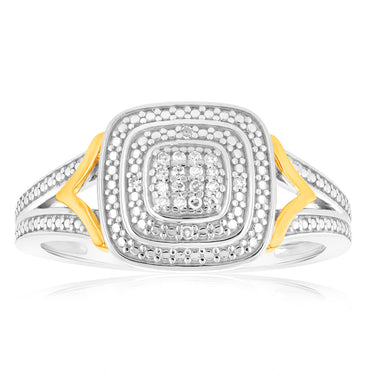 Sterling Silver & 9ct Yellow Gold Diamond Cushion Ring with 20 Brilliant Cut Diamonds