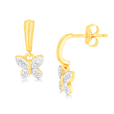 9ct Yellow Gold Butterfly Drop Earrings in 12 Diamonds