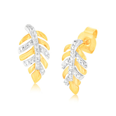 9ct Yellow Gold Leaf Shaped Diamond Stud Earrings