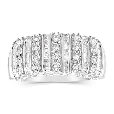 Sterling Silver 1/5 Carat Diamond Ring with Round Brilliant Cut and Baguette Diamonds