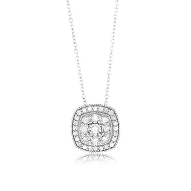 Sterling Silver 0.45 Carat Diamond Cushion Cluster Pendant with Round Brilliant Cut Diamonds on 45cm Chain