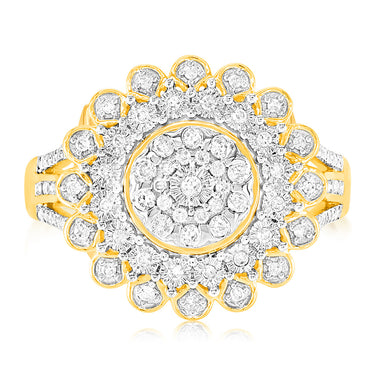 9ct Yellow Gold 1/4 Carat Diamond Ring with 91 Round Brilliant Cut Diamonds in Disc Setting