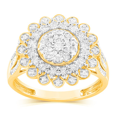 9ct Yellow Gold 1/4 Carat Diamond Ring with 91 Round Brilliant Cut Diamonds in Disc Setting