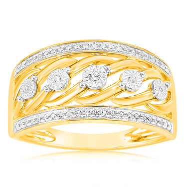 9ct Yellow Gold 1/10 Carat Diamond Ring set with 55 Round Brilliant Cut Diamonds in Disc Setting