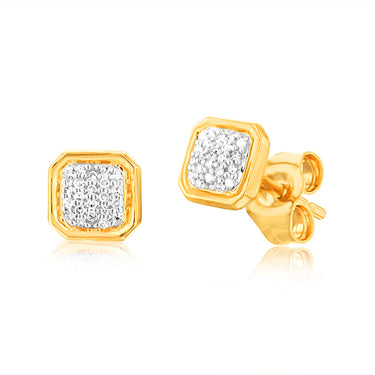 9ct Yellow Gold Square Shaped Cluster Stud Diamond Earrings