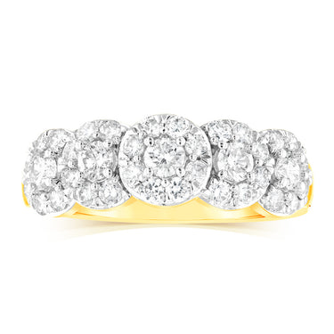 14ct Yellow Gold 0.95 Carat Diamond Ring with 5 Round Brilliant Cut Diamonds Surrounded by Diamond Halos