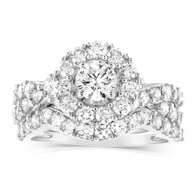 14ct White Gold 1.95 Carat Diamond Halo Bridal 2 Ring set with Brilliant Cut Diamonds