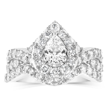 14ct White Gold 1.95 Carat Diamond Bridal 2 Ring set with Pear Centre Diamond Surrounded by Brilliant Cut Diamond Halo