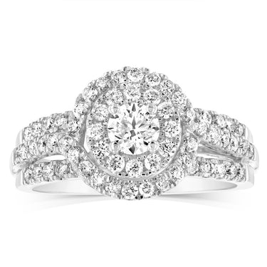 14ct White Gold 1 Carat Brilliant Cut Diamond Solitaire Ring with Double Diamond Halo